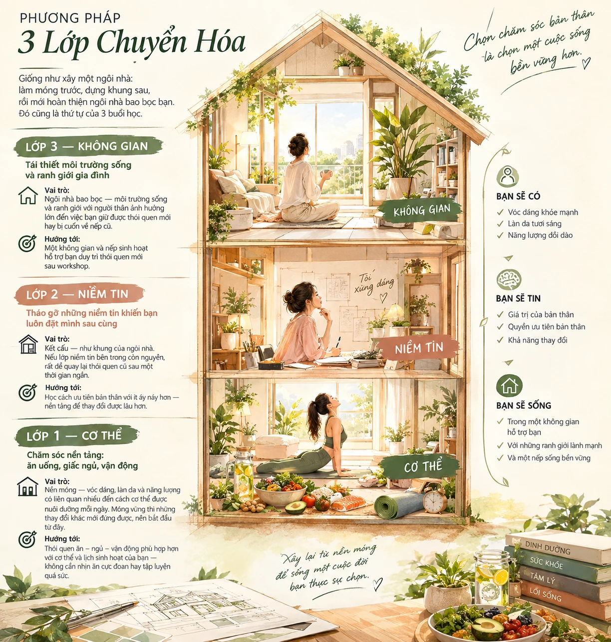 Phương pháp 3 Lớp Chuyển Hóa: Lớp 1 Cơ Thể, Lớp 2 Niềm Tin, Lớp 3 Không Gian